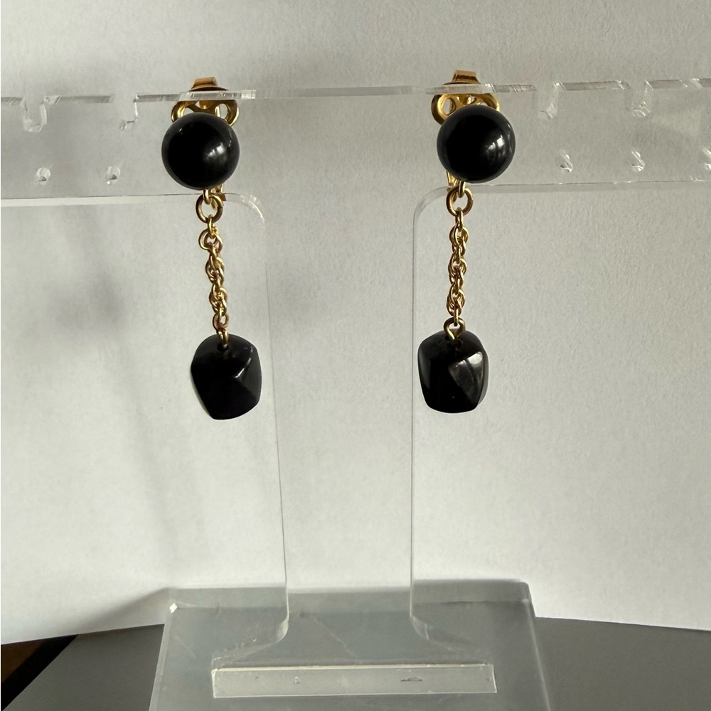Crown Trifari Black Bead Dangle Clip Earrings Gold Tone Mid Century